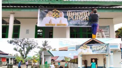 Pemdes dan BPD Desa Manggala Pasang Spanduk Ramadan, Lanjut Gotong Royong di Masjid